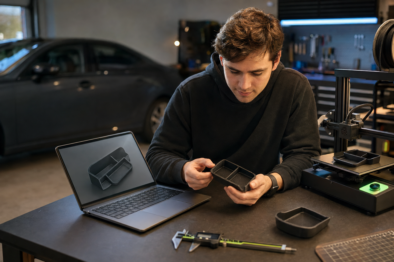 A mechatronics student evaluating a custom 3D-printed car organizer in a home workshop